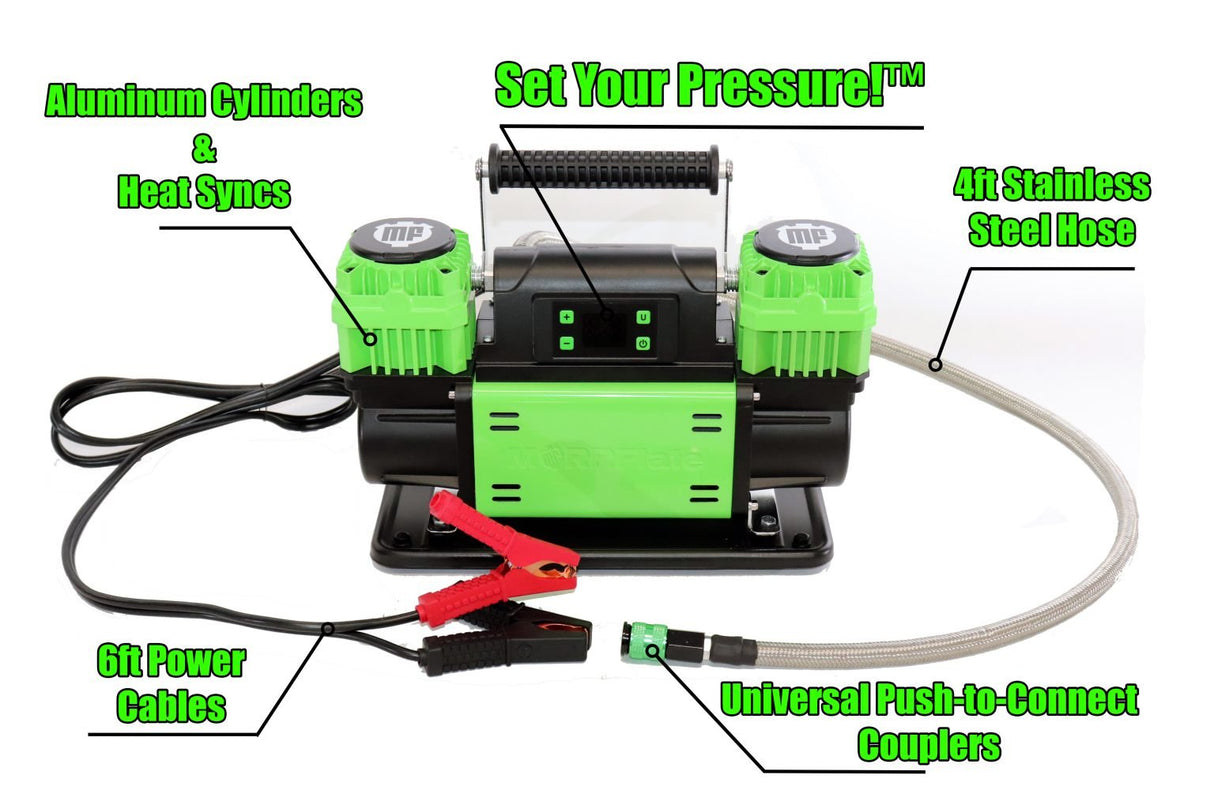 Green air compressor with labeled features on a white background