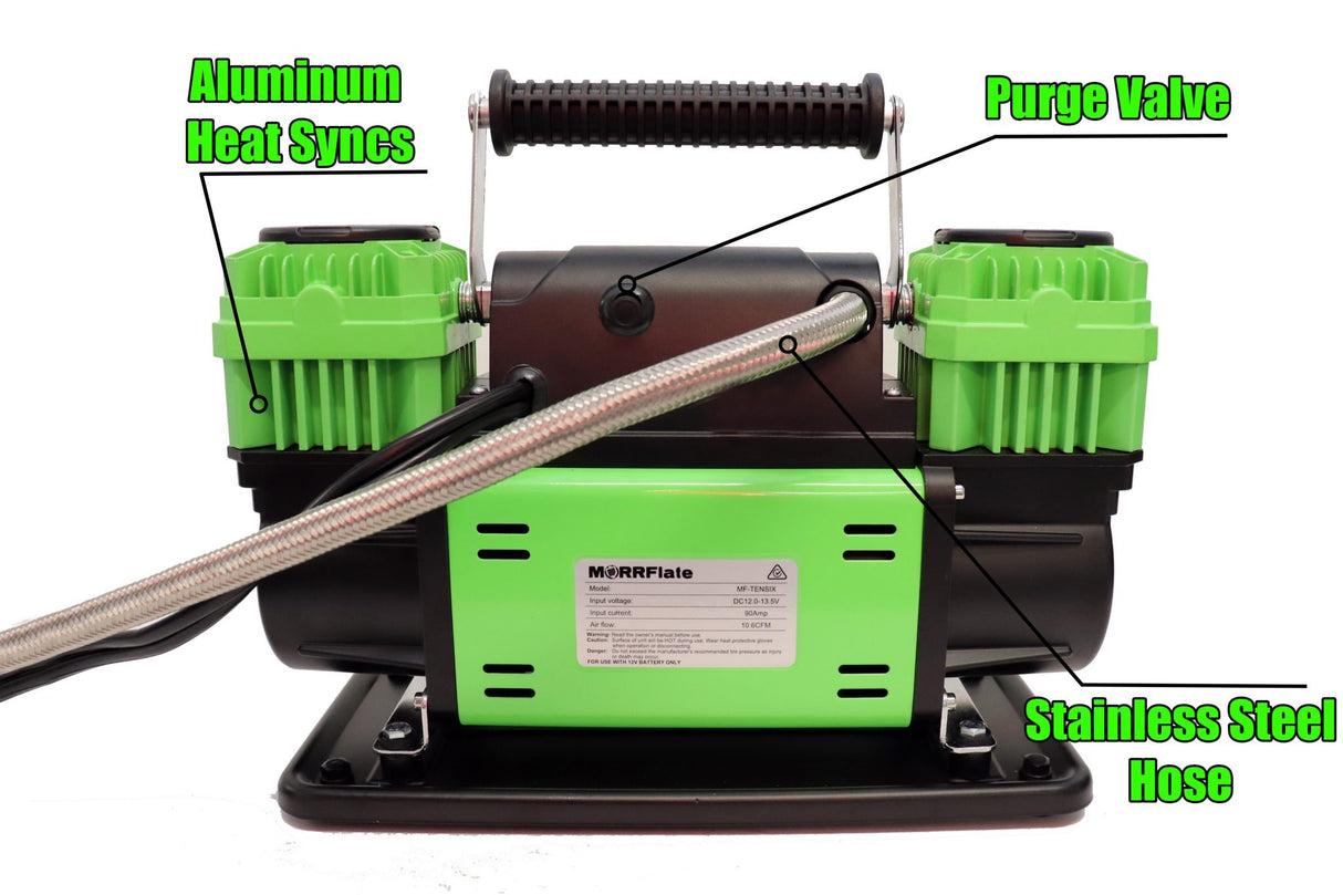 Green and black device with labeled parts on a white background