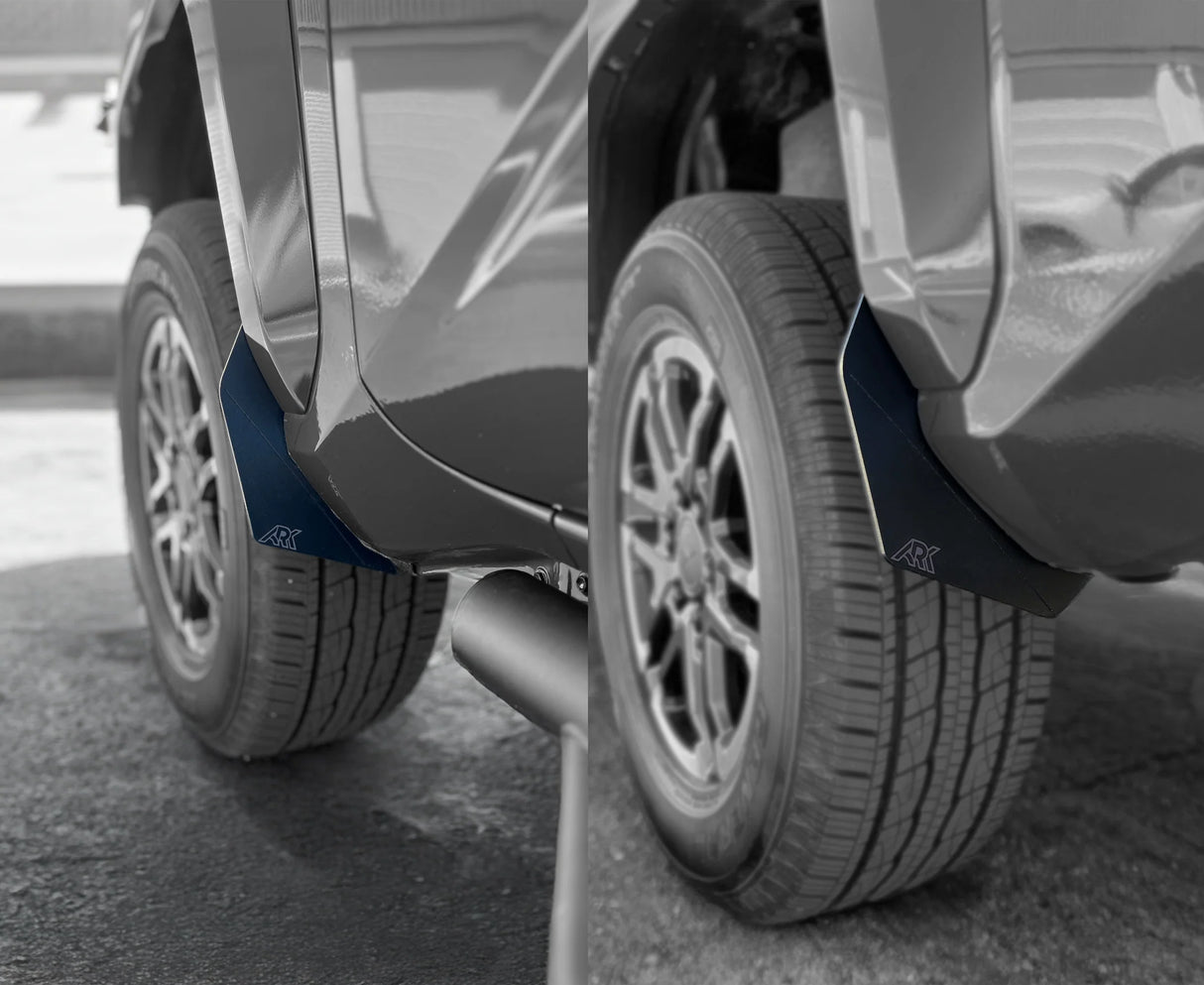 Car mud flaps on a vehicle with a close-up of the design.