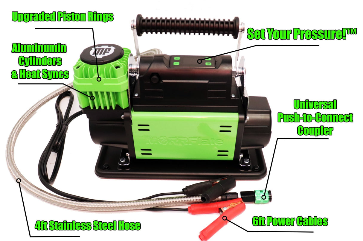 Green and black air compressor with labeled features on a white background