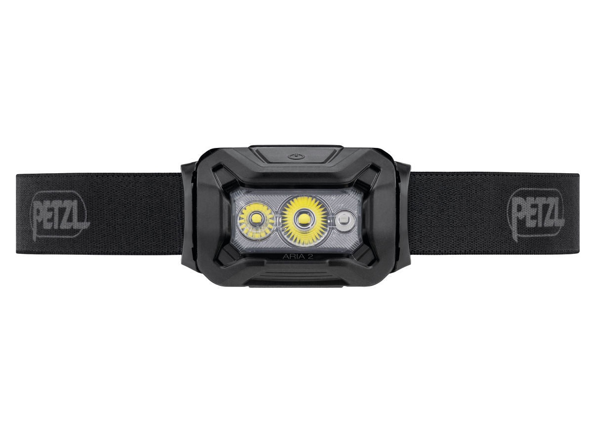 Black headlamp with Petzl logo on a white background