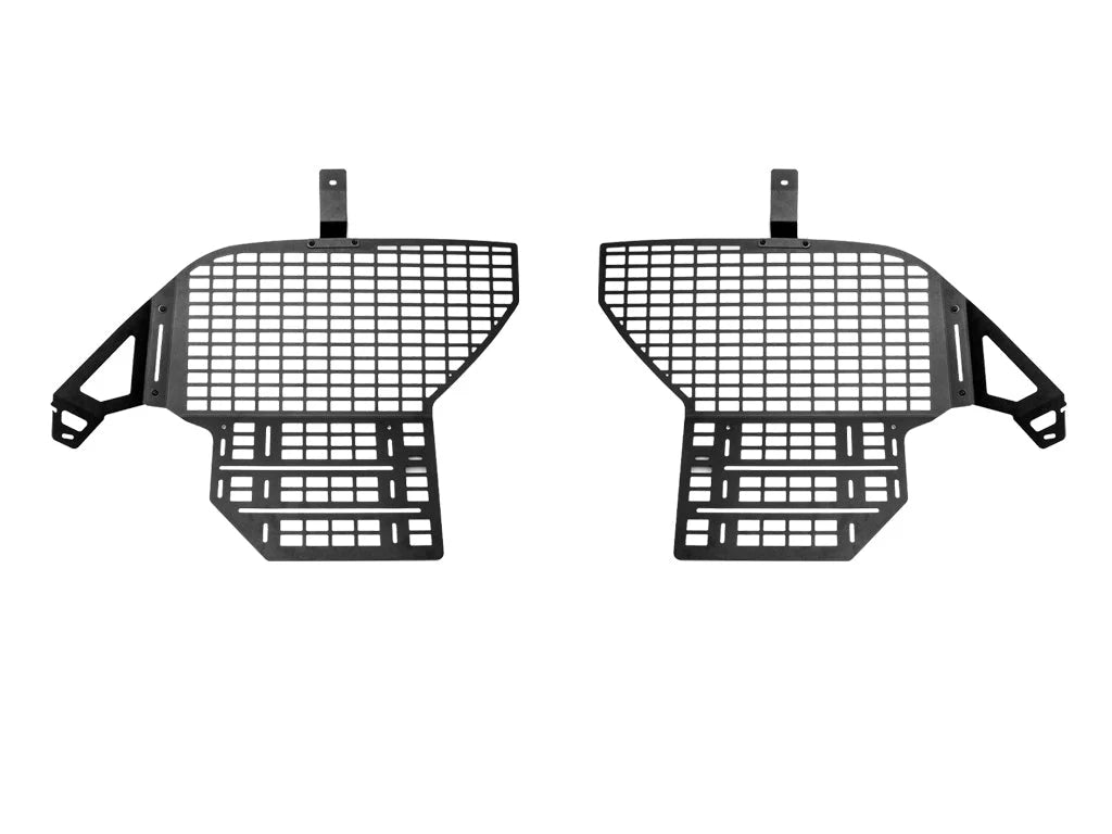 Two black metal grilles on a white background