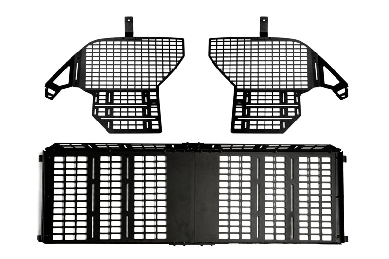 Black metal grille with a honeycomb pattern on a white background