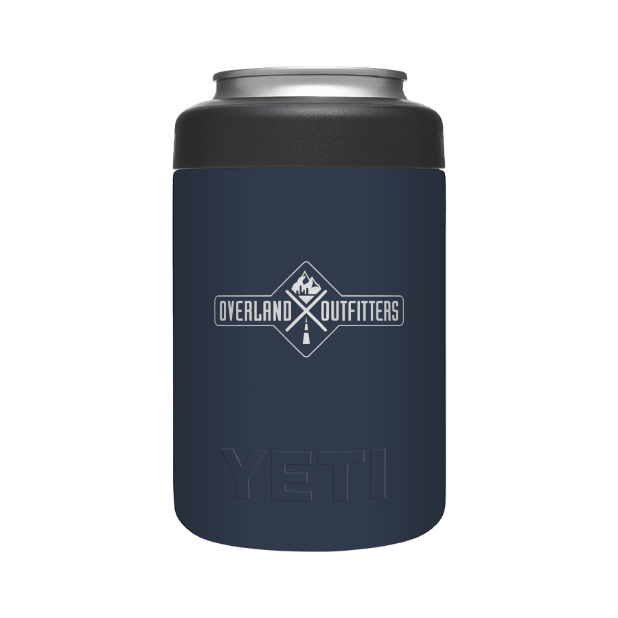 Navy blue can cooler with YETI logo on a transparent background