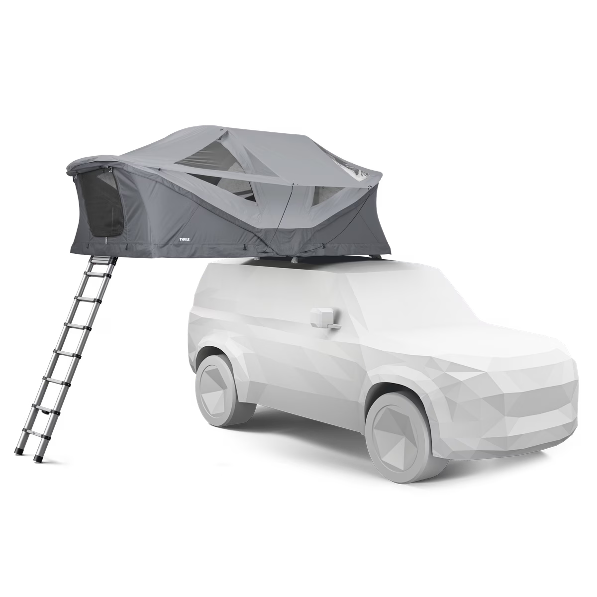 Roof top tent attached to a car with a ladder on a transparent background