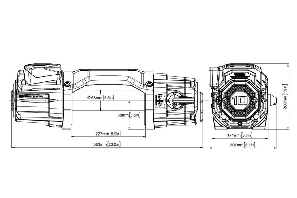 Technical drawing of the 10K winch with dimensions