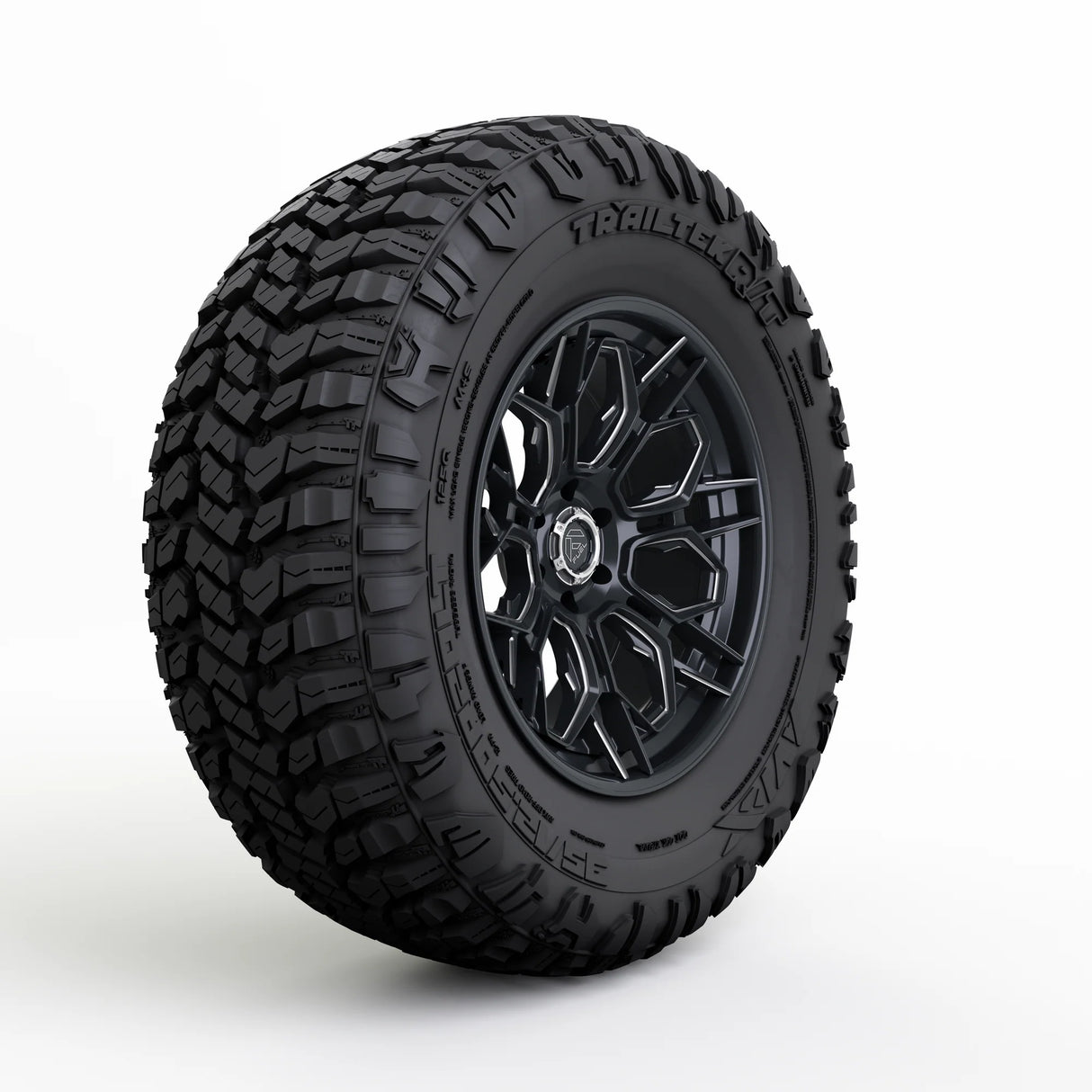 Black tire with tread pattern on a white background
