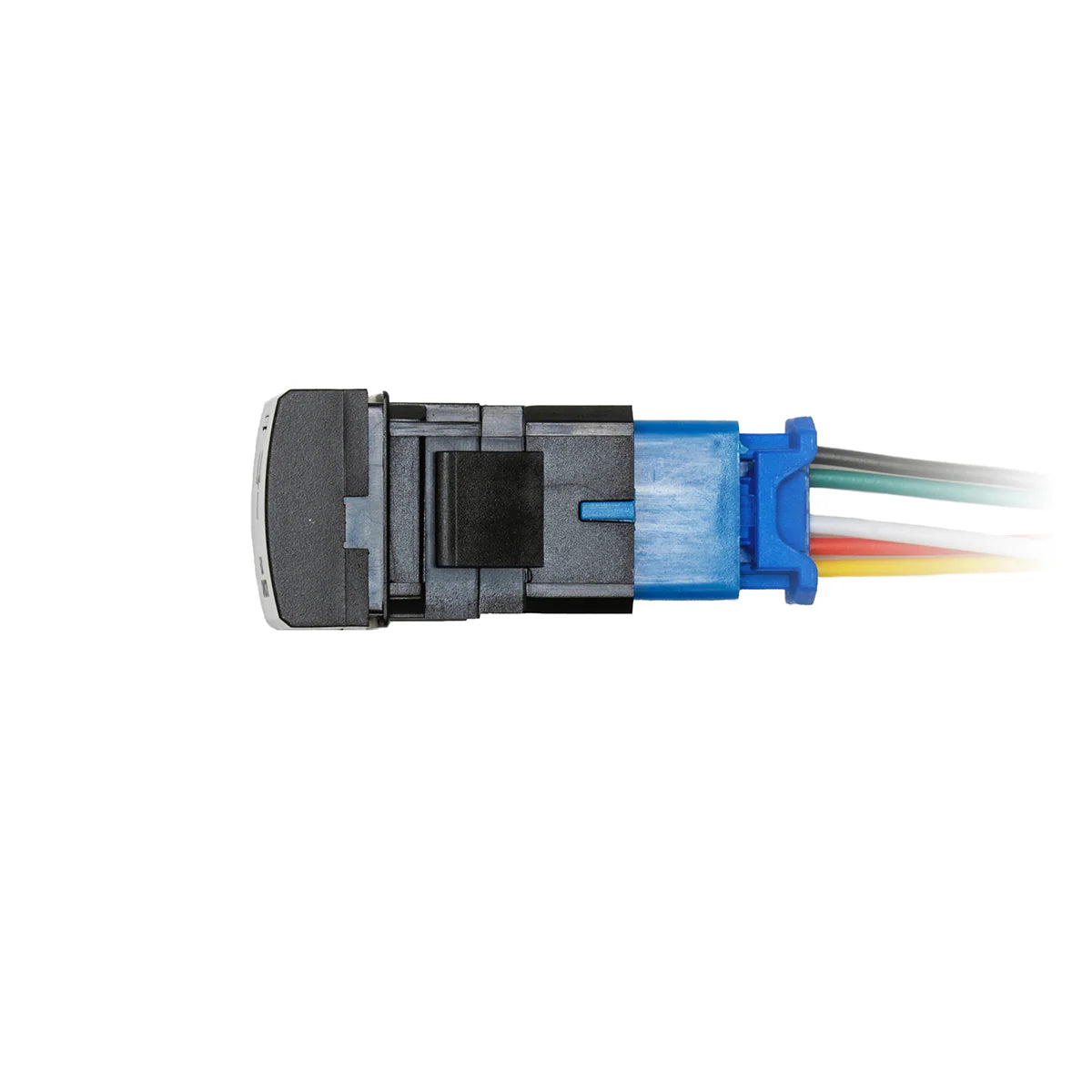 Close-up of a wiring connector with multicolored wires on a white background