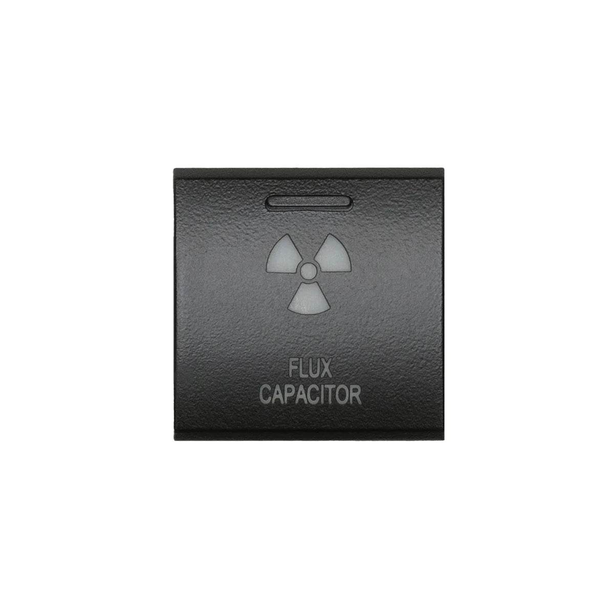 Black leather wallet with a radiation symbol and 'Flux Capacitor' text on a white background
