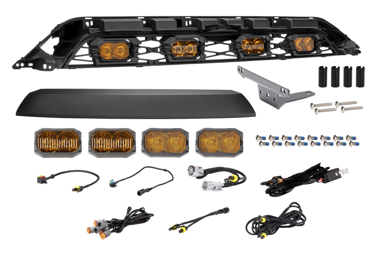 Set of vehicle lights and accessories on a white background