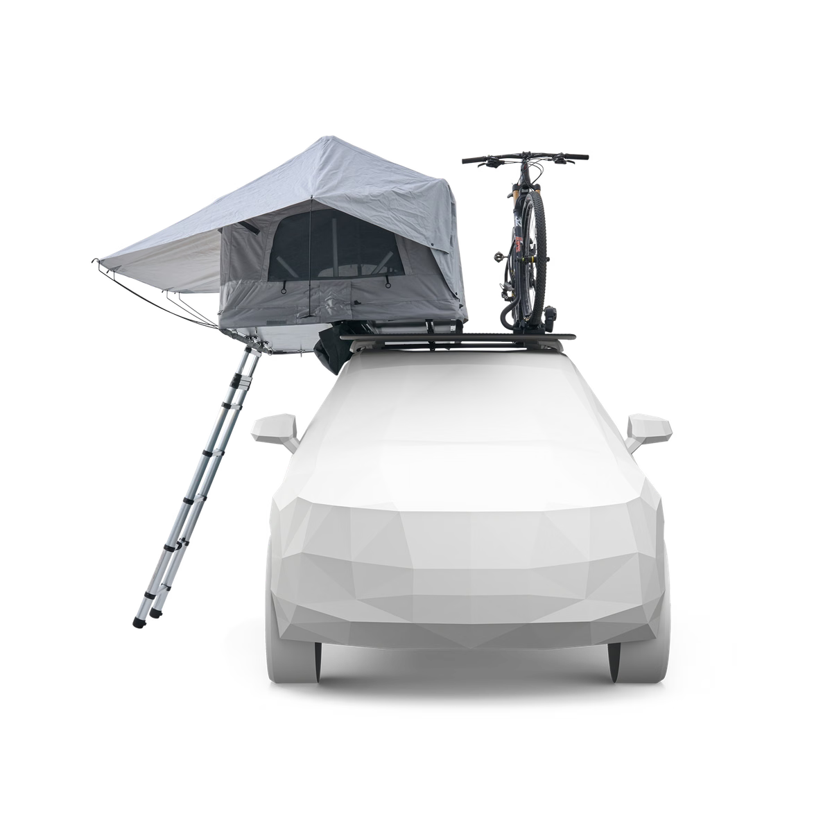A low-poly white car on a clean white background with a gray rooftop tent mounted on the roof rack and a black bicycle secured behind it.