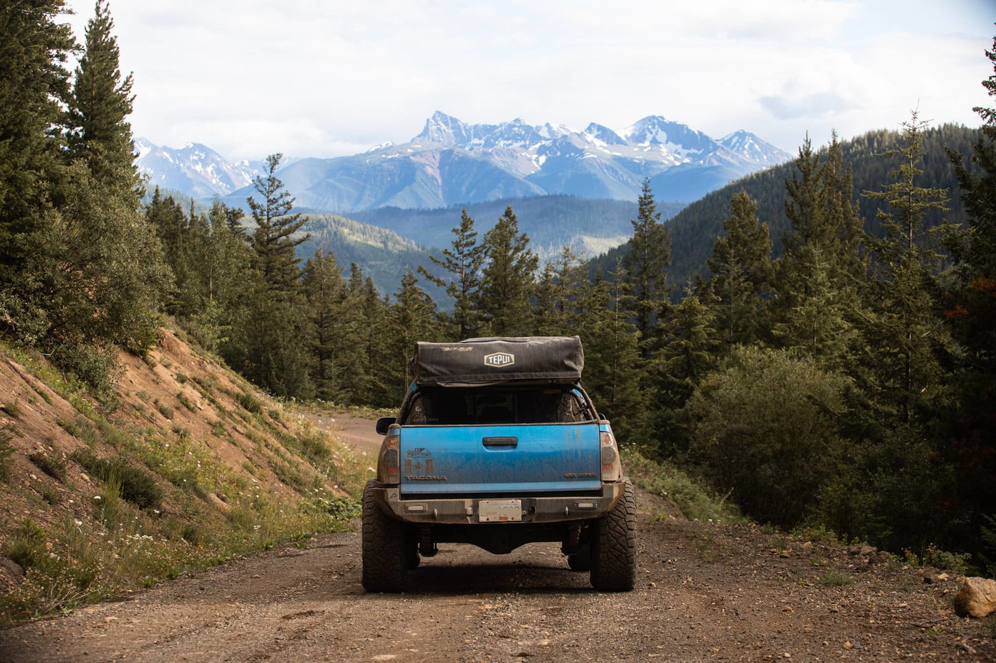 Blue truck with a roof rack on a dirt road surrounded by trees and mountains.