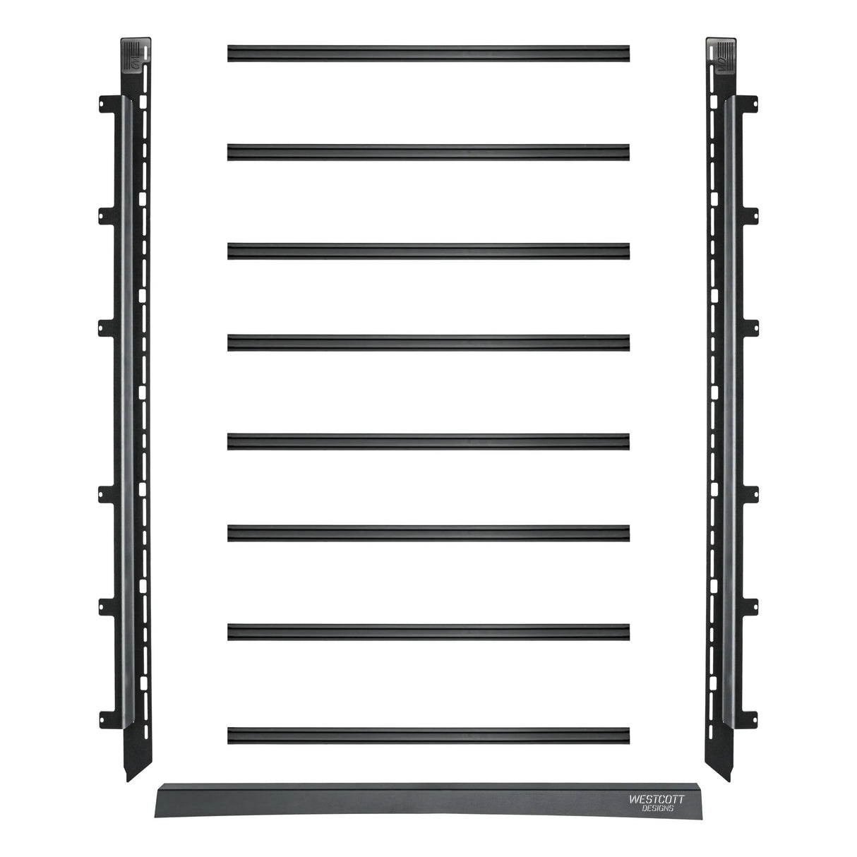 Black metal roof rack with multiple horizontal bars on a white background