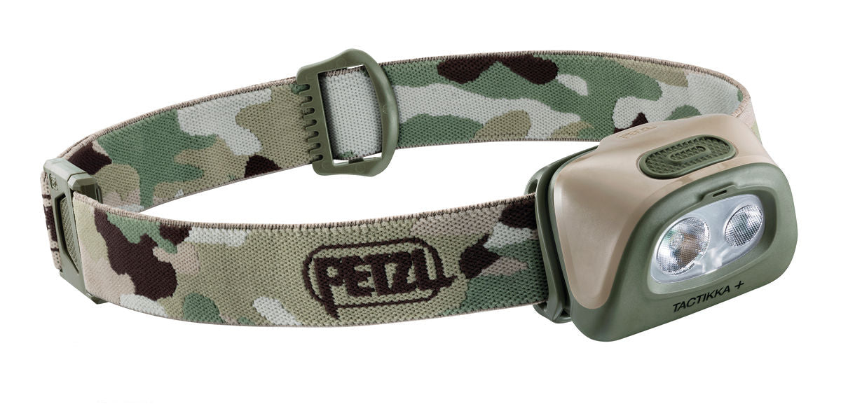A camouflage-patterned Petzl Tactikka+ headlamp with a green strap and buckle.