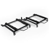 Two black metal brackets on a white background