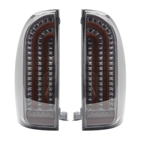 Pair of LED tail lights with chrome accents on a white background