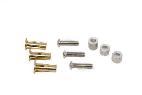 Set of screws and metal components on a white background