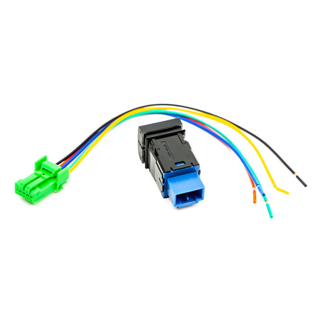 wire harness and switch lying on white backdrop