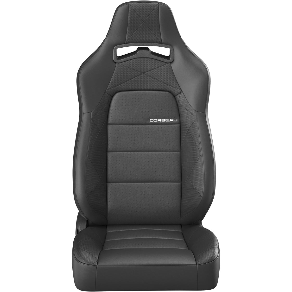 Black car seat with Corbeau logo on a white background