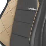 Car seat with beige and black diamond pattern and Corbeau branding.