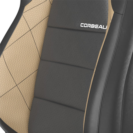 Car seat with beige and black diamond pattern and Corbeau branding.