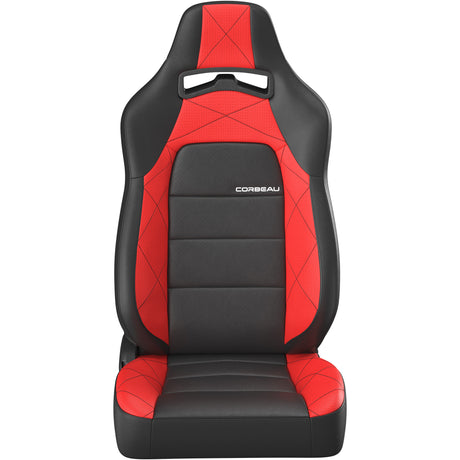 Black and red car seat with Corbeau logo on a white background