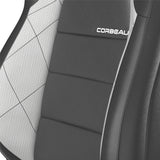 Close-up of a car seat with 'Corbeau' branding on a white background