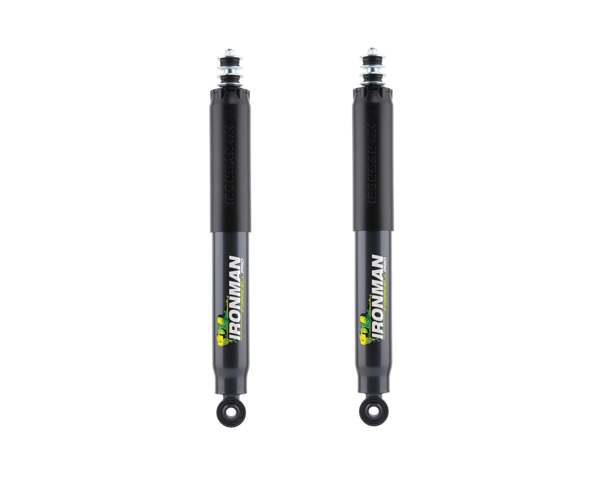 Two black Ironman suspension shock absorbers shown side by side on a plain white background.