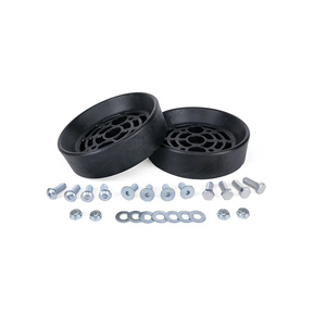 Two black rubber gaskets with screws and washers on a white background