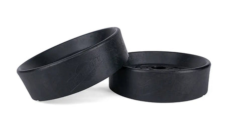 Two black rubber wheels on a white background