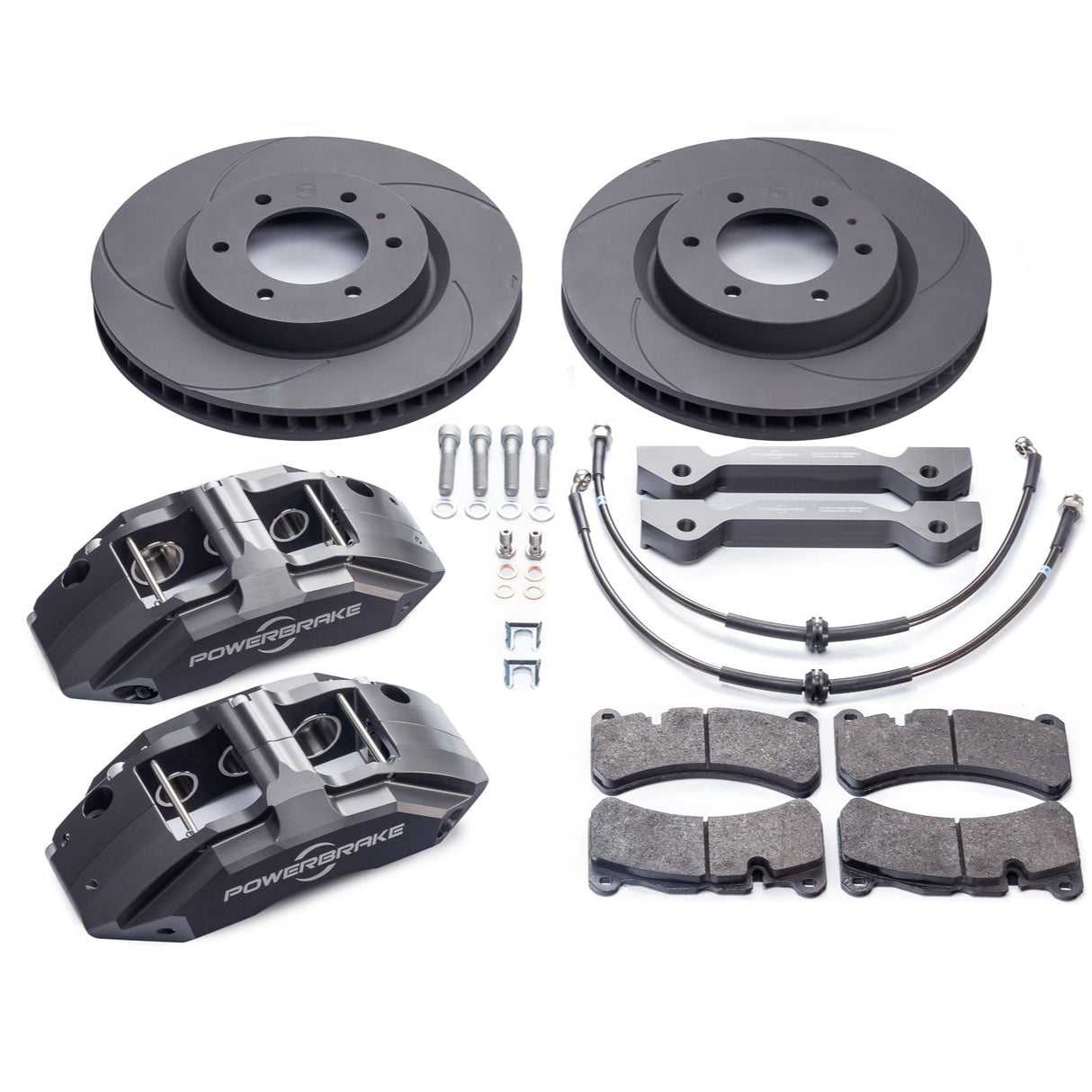 A set of brake kit components including four brake rotors, four brake calipers, brake pads, and mounting hardware.
