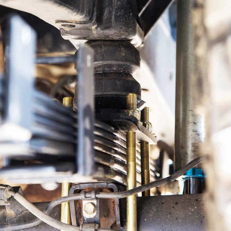 Close-up of mechanical components with metal springs and bolts.