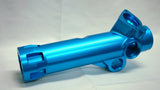 Blue metal cylindrical component on a light gray background