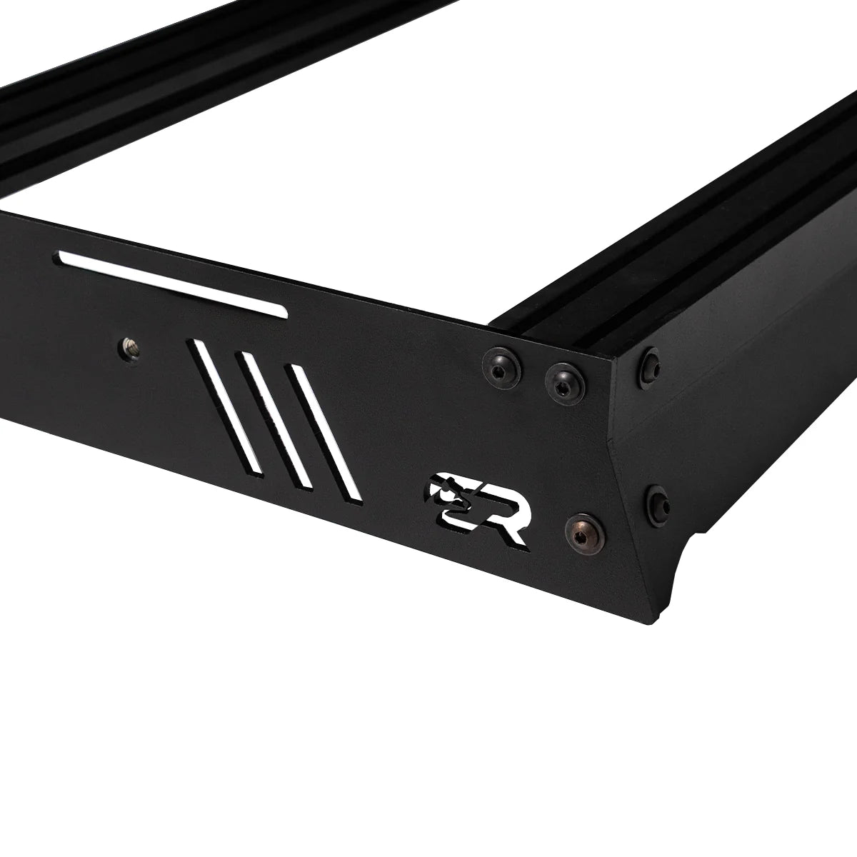 Black metal ROOF RACK with a logo on a white background