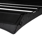 Black metal shelf with LED lights on a white background