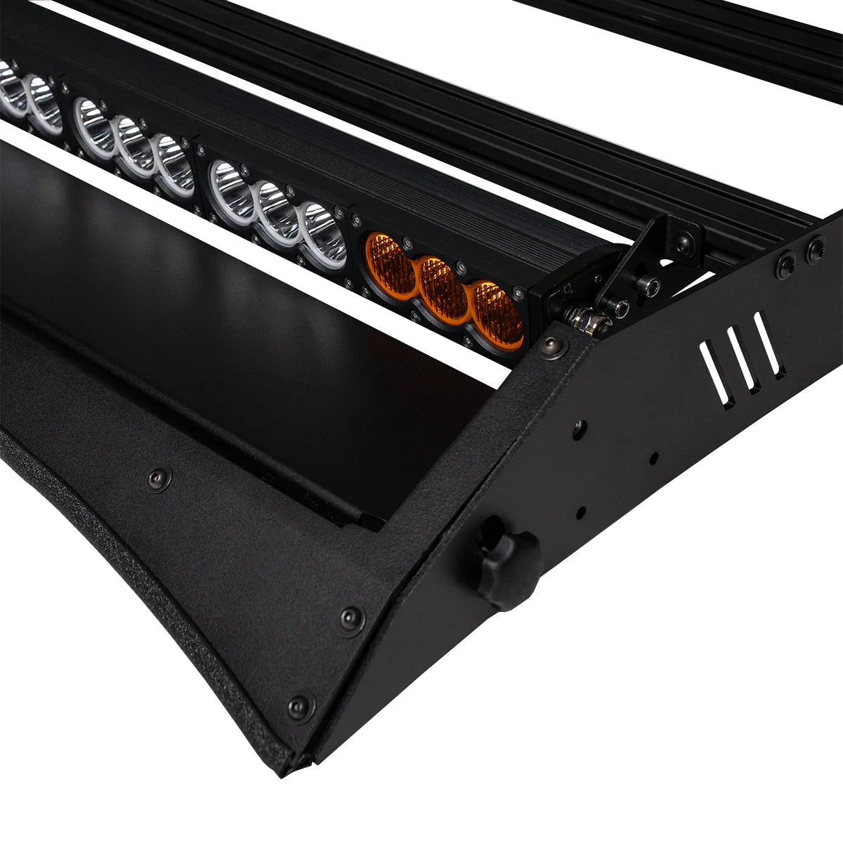 Close-up of a black LED light bar with multiple lights on a white background