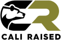 Logo with a bear head and 'Cali Raised' text on a black background