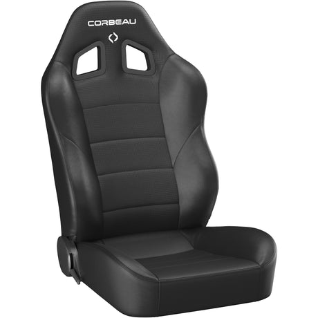 Black car seat with Corbeau logo on a white background