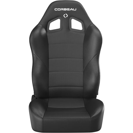 Black car seat with Corbeau logo on a white background