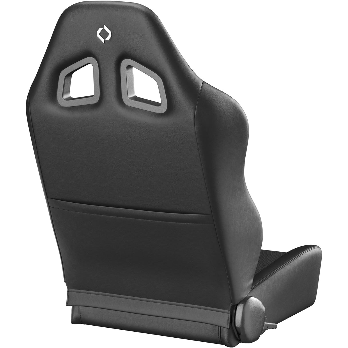 Black racing seat with a brand logo on a white background