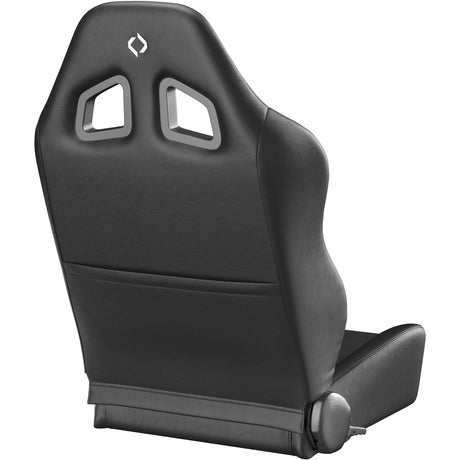 Black racing seat with a brand logo on a white background