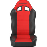 Red and black car seat with Corbeau logo on a white background