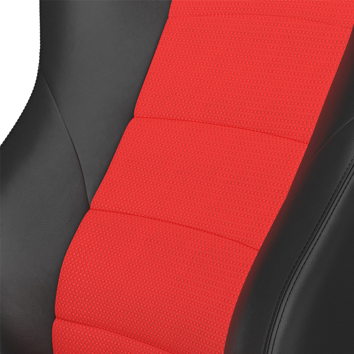 Close-up of a red car seat cover with black leather sides on a white background