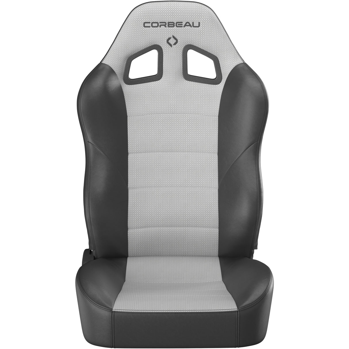 Black and gray car seat with Corbeau logo on a white background