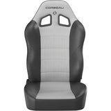 Black and gray car seat with Corbeau logo on a white background