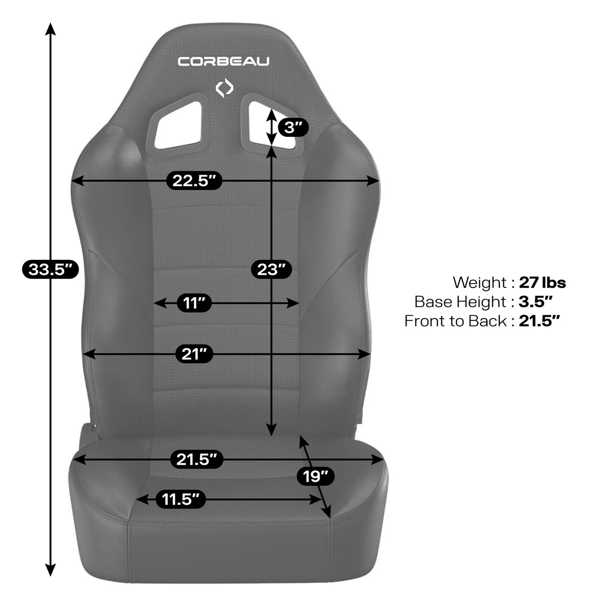 Gray car seat with measurements and Corbeau branding on a white background