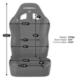 Gray car seat with measurements and Corbeau branding on a white background