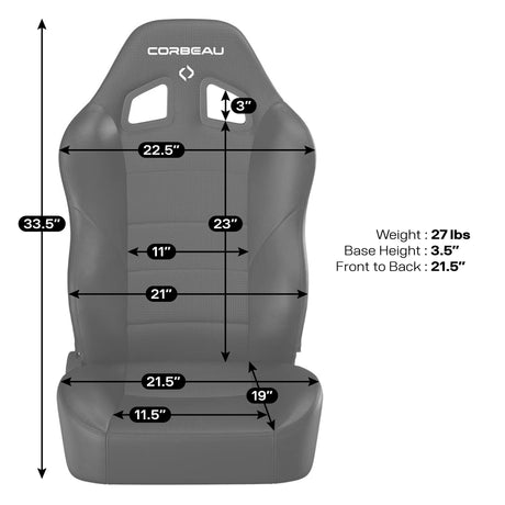 Gray car seat with measurements and Corbeau branding on a white background