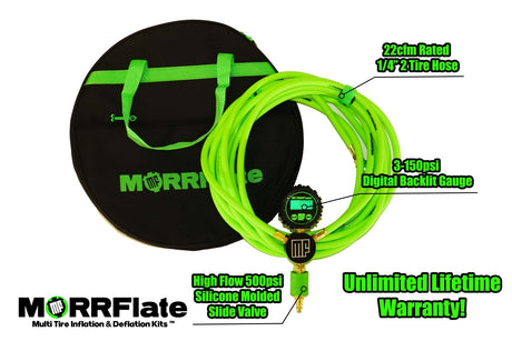 Green tire inflator with digital gauge and MORRFlate branding on a white background