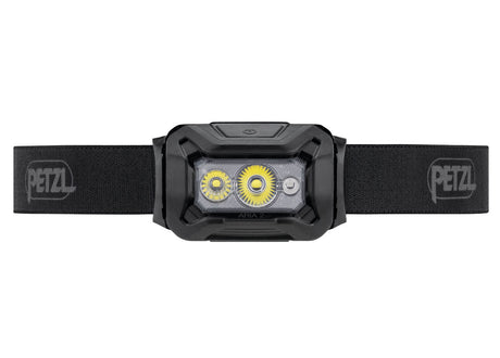 Black headlamp with Petzl logo on a white background